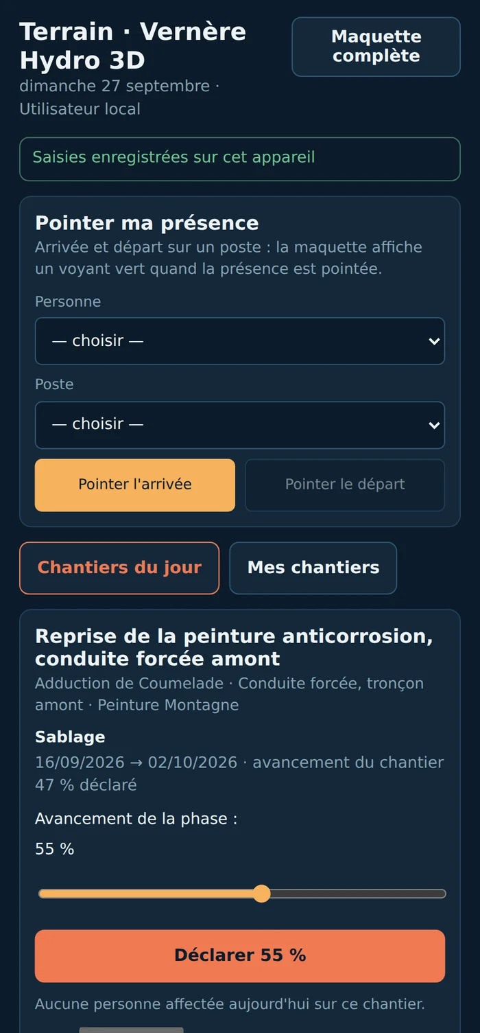 Vue Terrain sur téléphone : chantiers du jour, avancement de la phase à déclarer, photo localisée et note